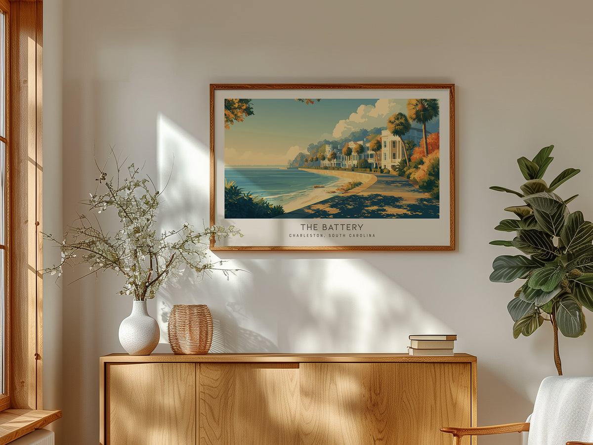 The Battery Landscape Matte Border Poster | Charleston, South Carolina Travel Wall Art — framed and ready to hang