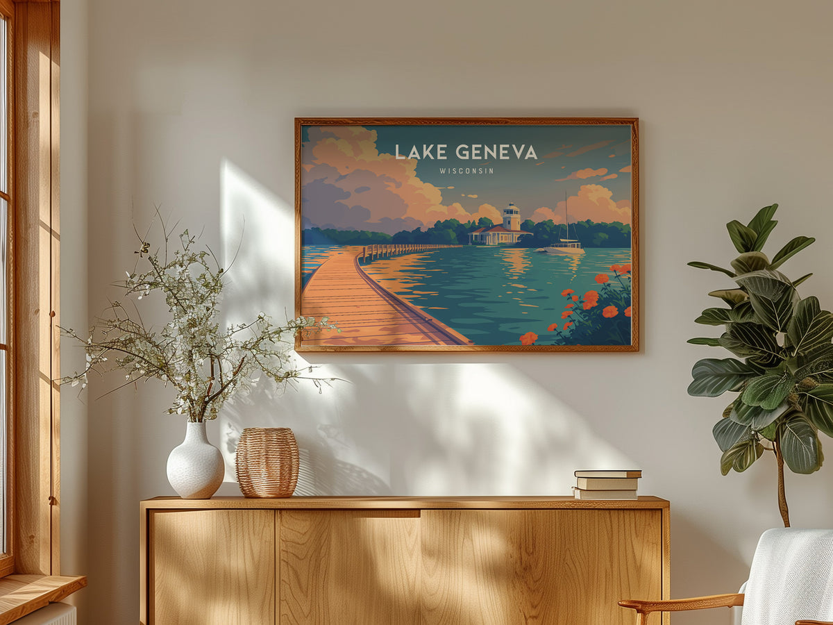 Lake Geneva, Wisconsin Landscape Poster | Lakefront Beauty Framed or Unframed Wall Art — framed and ready to hang