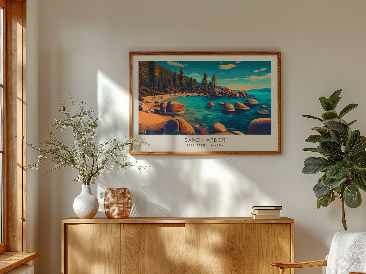 Sand Harbor Landscape Matte Border Poster | Lake Tahoe, Nevada Vacation Wall Art — framed and ready to hang