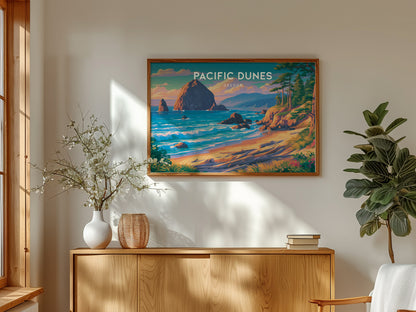Pacific Dunes, Oregon Landscape Poster | Windswept Dunes Travel Wall Art — framed and ready to hang