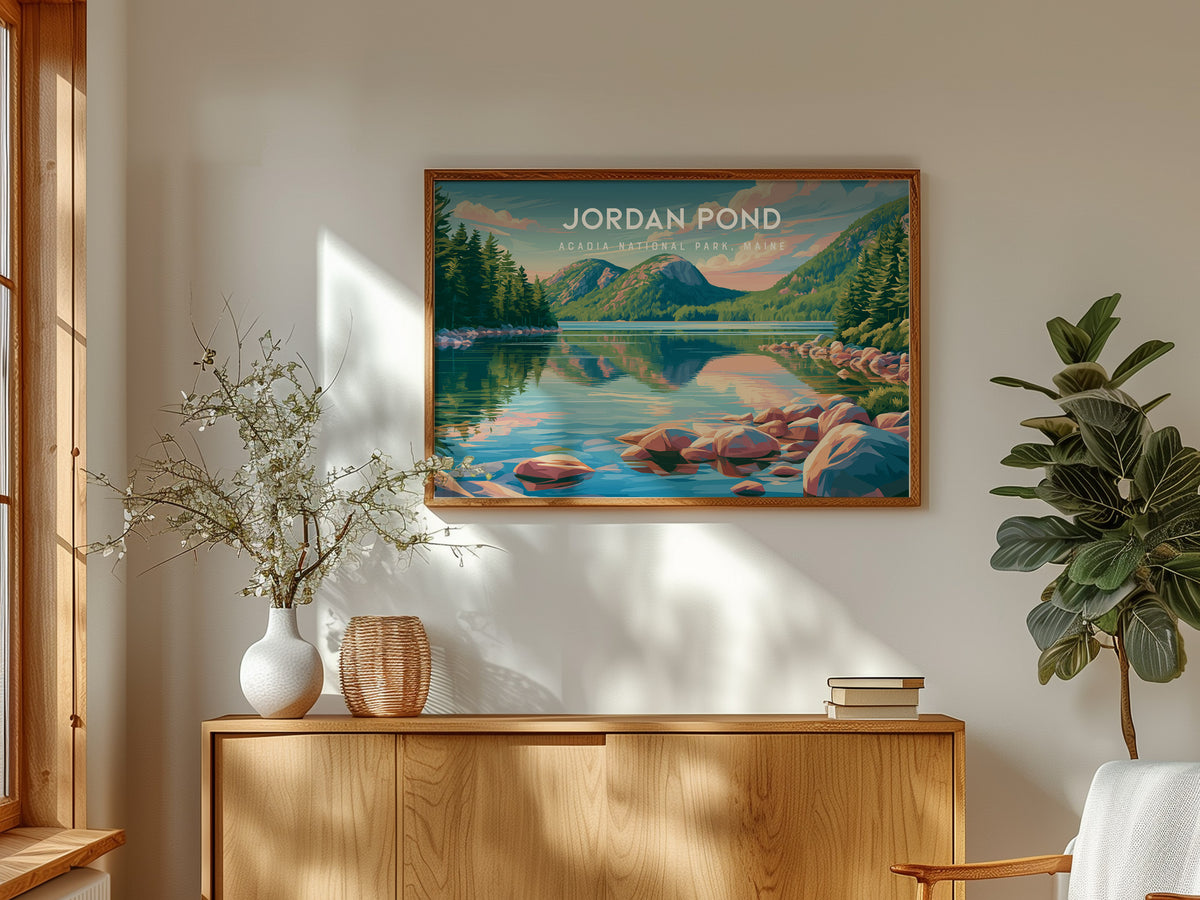 Jordan Pond Landscape Poster | Acadia National Park, Maine Travel Wall Art — framed and ready to hang