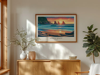 Bandon Beach Landscape Matte Border Poster | Oregon Destination Print Travel Gift — framed and ready to hang
