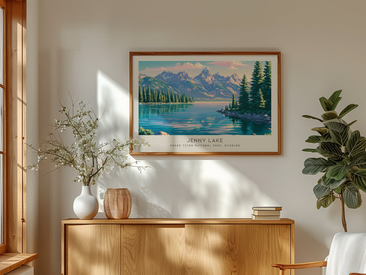 Jenny Lake Landscape Matte Border Poster | Grand Teton National Park, Wyoming Vacation Wall Art — framed and ready to hang