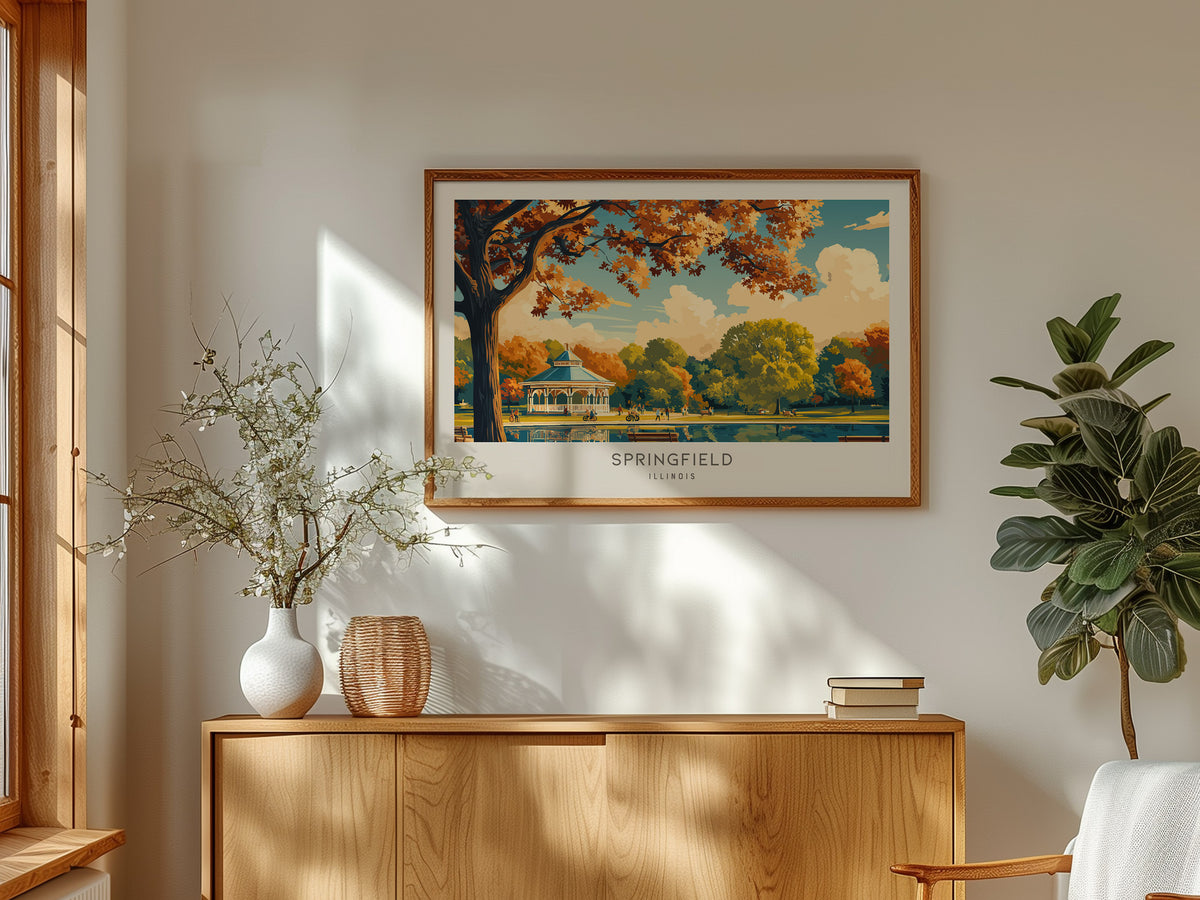 Springfield Landscape Matte Border Poster | Illinois Destination Print & Vacation Wall Art — framed and ready to hang