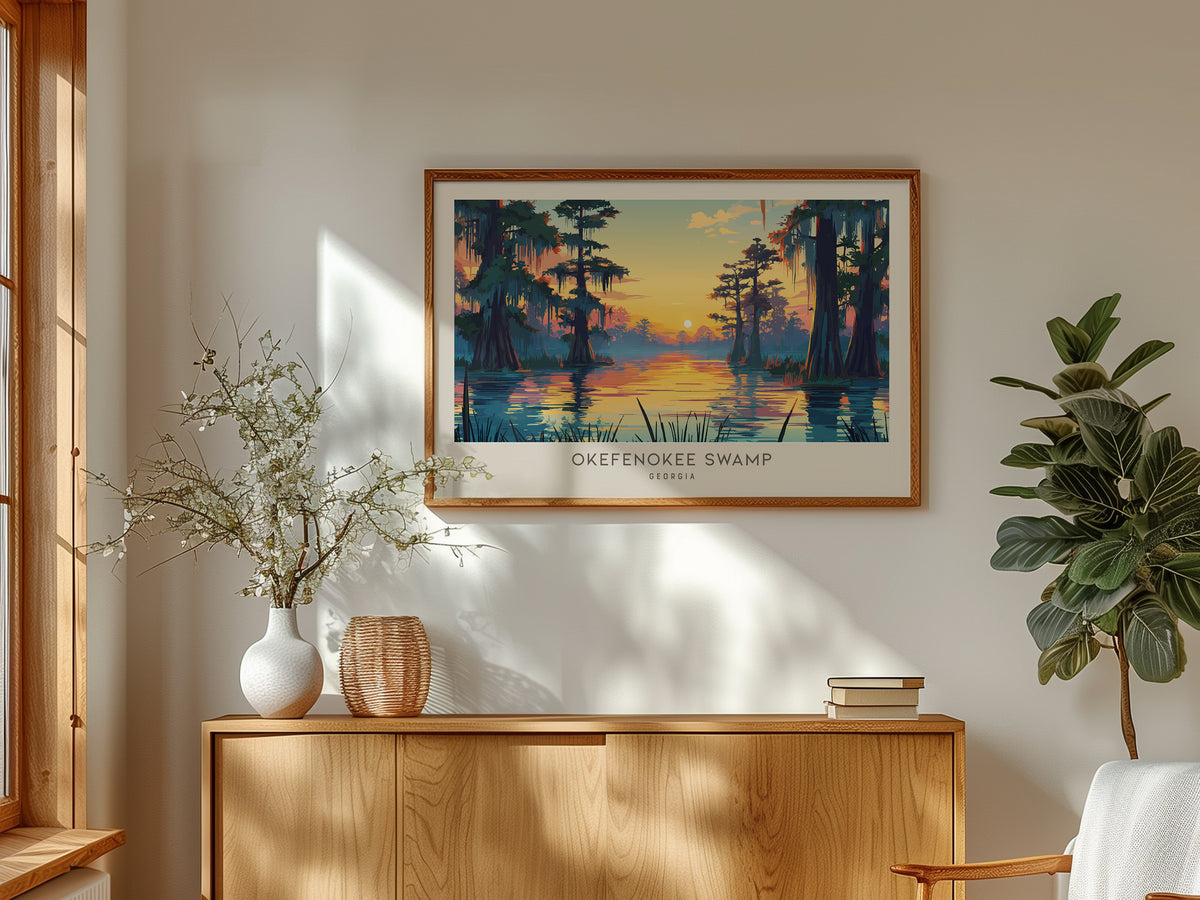 Okefenokee Swamp Landscape Matte Border Poster | Georgia Destination Print Travel Wall Art — framed and ready to hang