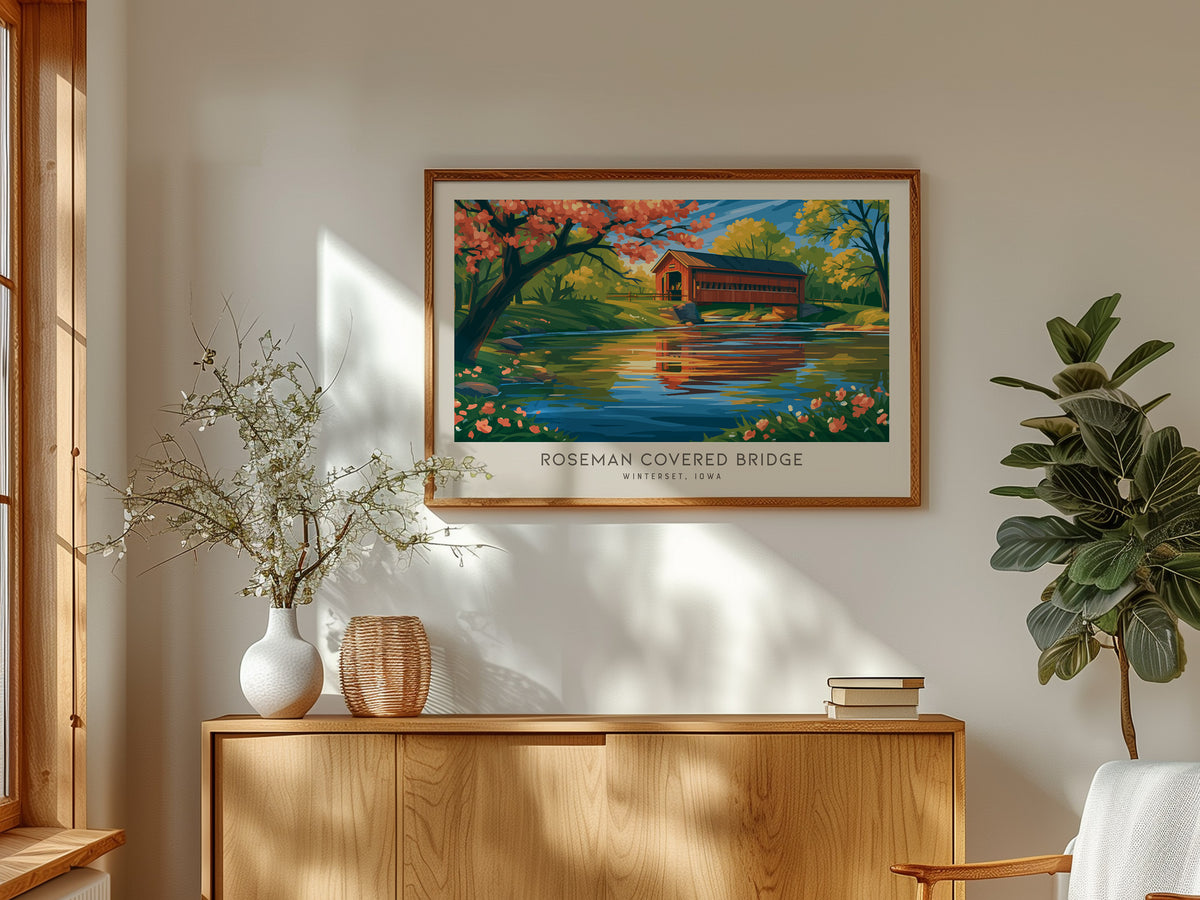 Roseman Covered Bridge Landscape Matte Border Poster | Winterset, Iowa Vacation Wall Art — framed and ready to hang