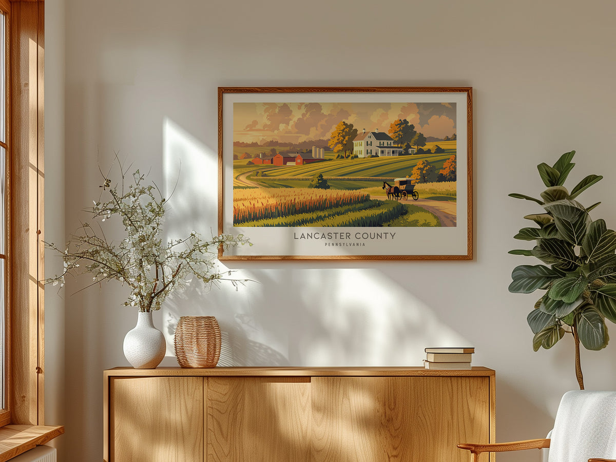 Lancaster County Landscape Matte Border Poster | Pennsylvania Travel Gift Vacation Wall Art — framed and ready to hang