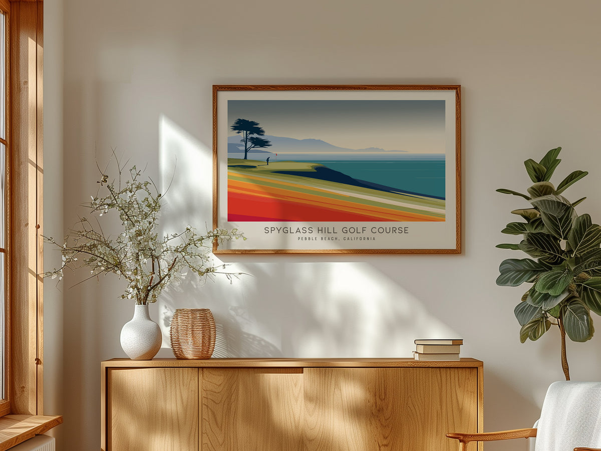 Spyglass Hill Golf Course Landscape Matte Border Poster | Pebble Beach, California Golf Course Print Wall Art — framed and re