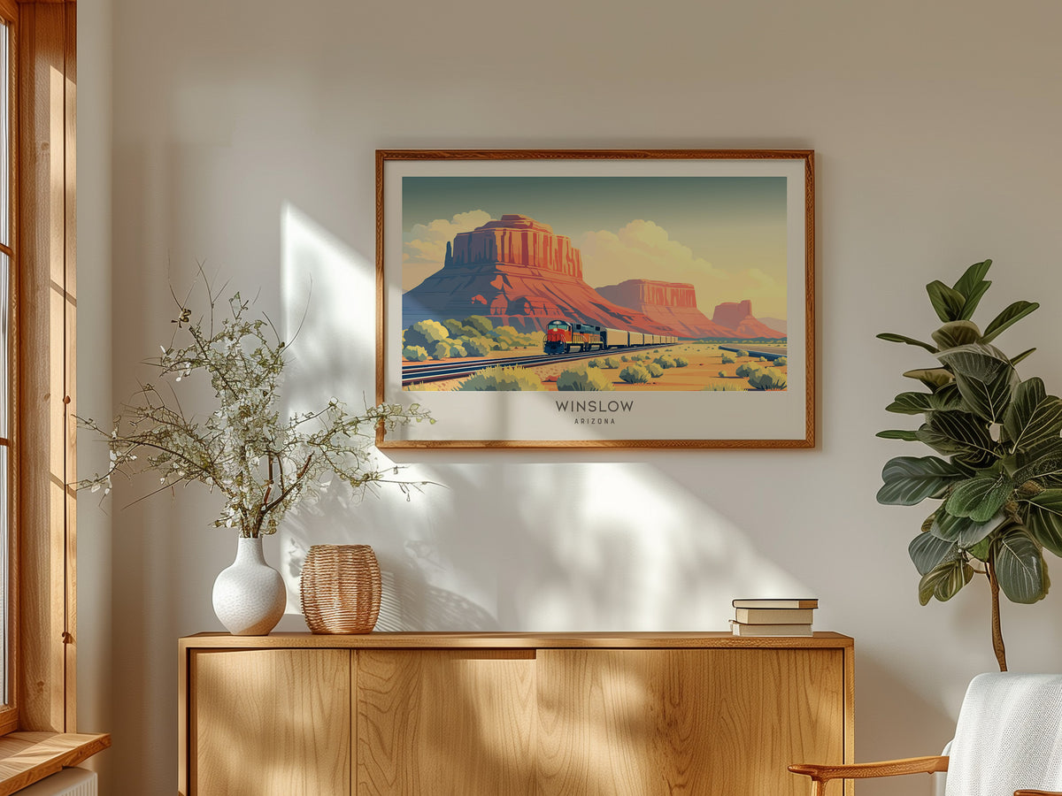 Winslow Landscape Matte Border Poster | Arizona Route 66 Vacation Wall Art — framed and ready to hang