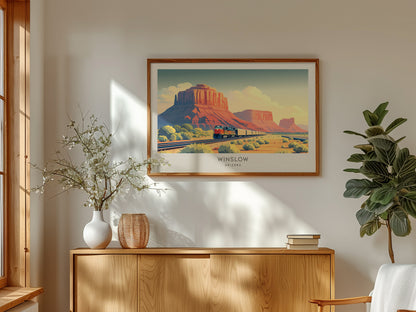Winslow Landscape Matte Border Poster | Arizona Route 66 Vacation Wall Art — framed and ready to hang