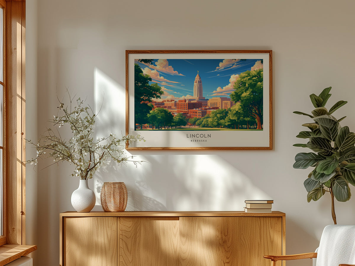 Lincoln Landscape Matte Border Poster | Nebraska Travel Wall Art — framed and ready to hang