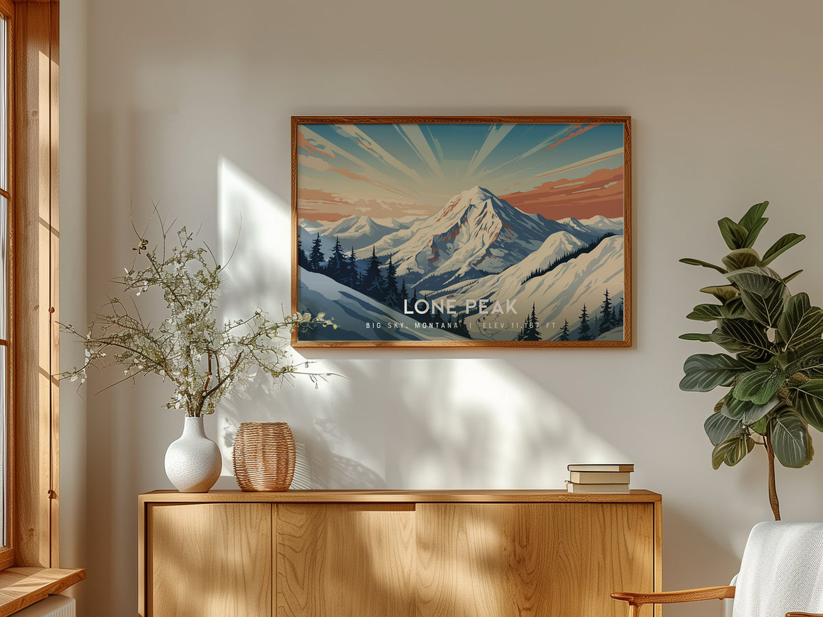 Lone Peak, Big Sky, Montana Landscape Poster | Mountain Destination Print Wall Art — framed and ready to hang
