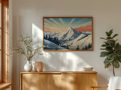 Lone Peak, Big Sky, Montana Landscape Poster | Mountain Destination Print Wall Art — framed and ready to hang