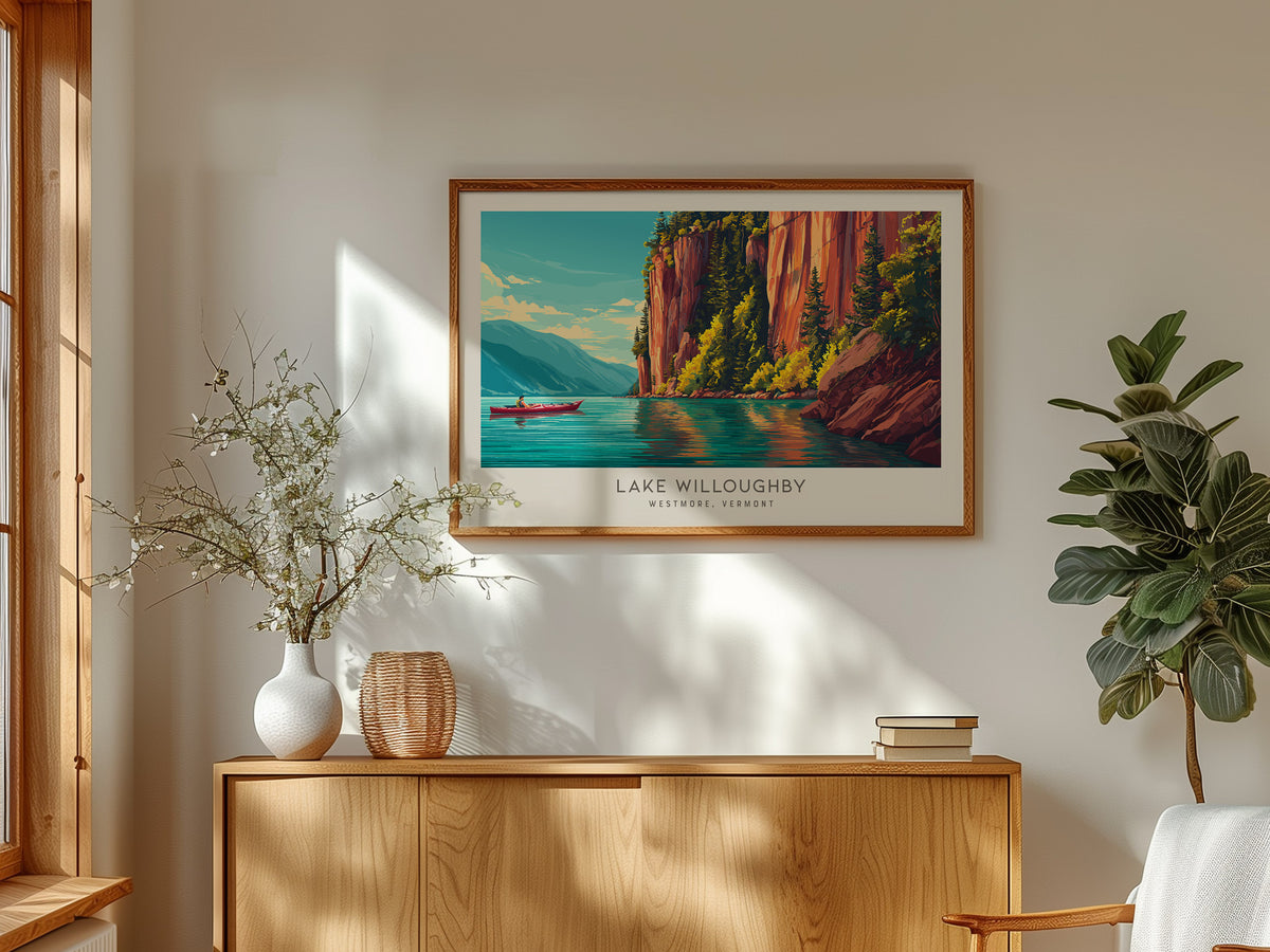 Lake Willoughby Landscape Matte Border Poster | Westmore, Vermont Vacation Wall Art — framed and ready to hang