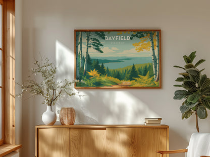 Bayfield, Wisconsin Landscape Poster | Coastal Beach Decor & Harbor Wall Art — framed and ready to hang
