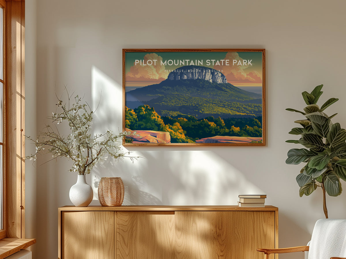Pilot Mountain State Park Landscape Poster | Pinnacle, North Carolina Vacation Wall Art — framed and ready to hang