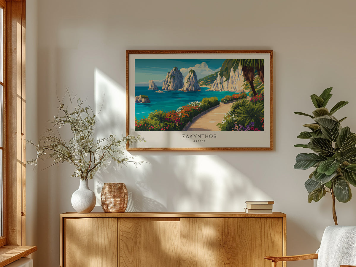 Zakynthos Zakyntos Landscape Matte Border Poster | Greece Coastal Beach Decor Vacation Wall Art — framed and ready to hang