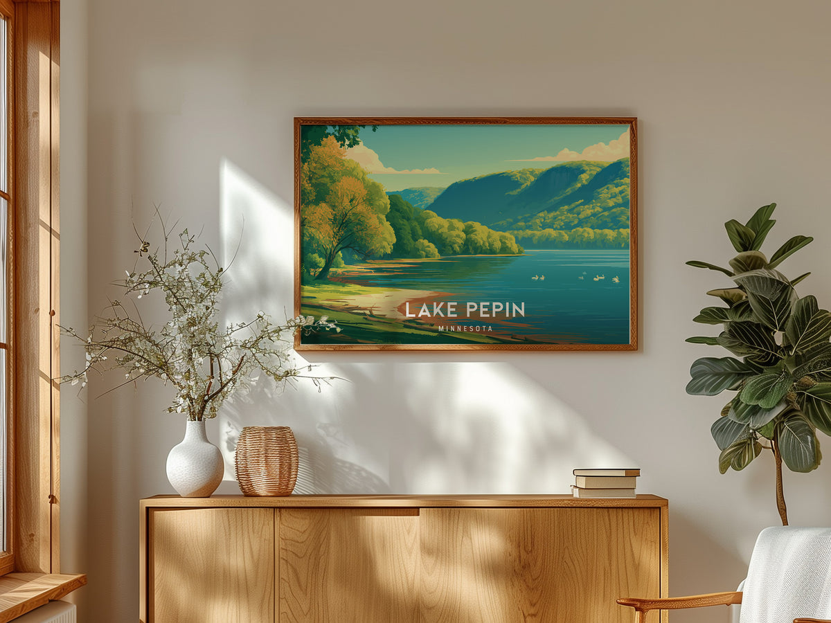 Lake Pepin, Minnesota Landscape Poster | Scenic Bluffs & Sailboats Vacation Wall Art — framed and ready to hang