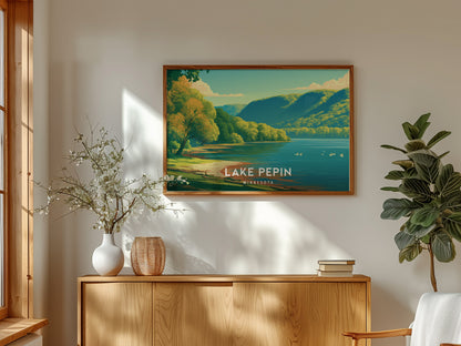 Lake Pepin, Minnesota Landscape Poster | Scenic Bluffs & Sailboats Vacation Wall Art — framed and ready to hang