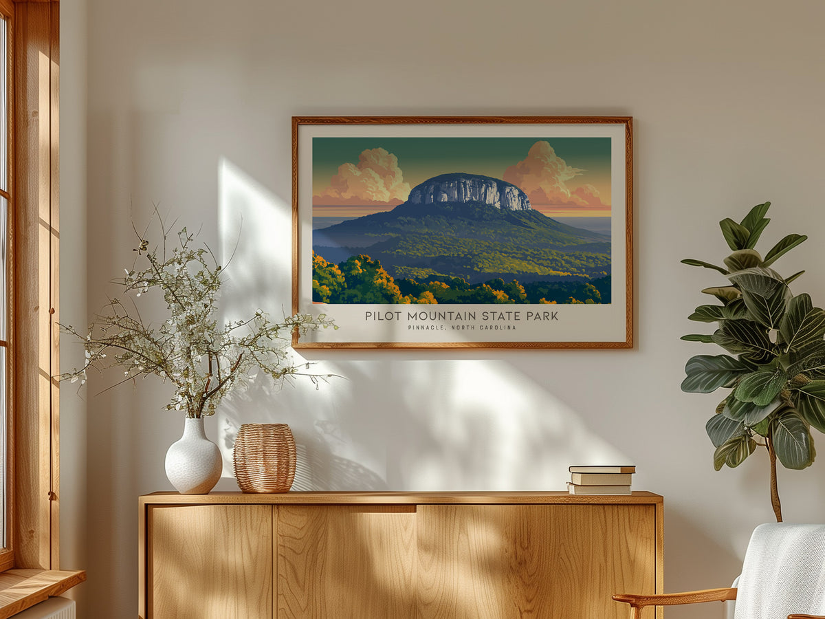 Pilot Mountain State Park Landscape Matte Border Poster | Pinnacle, North Carolina Travel Gift — framed and ready to hang