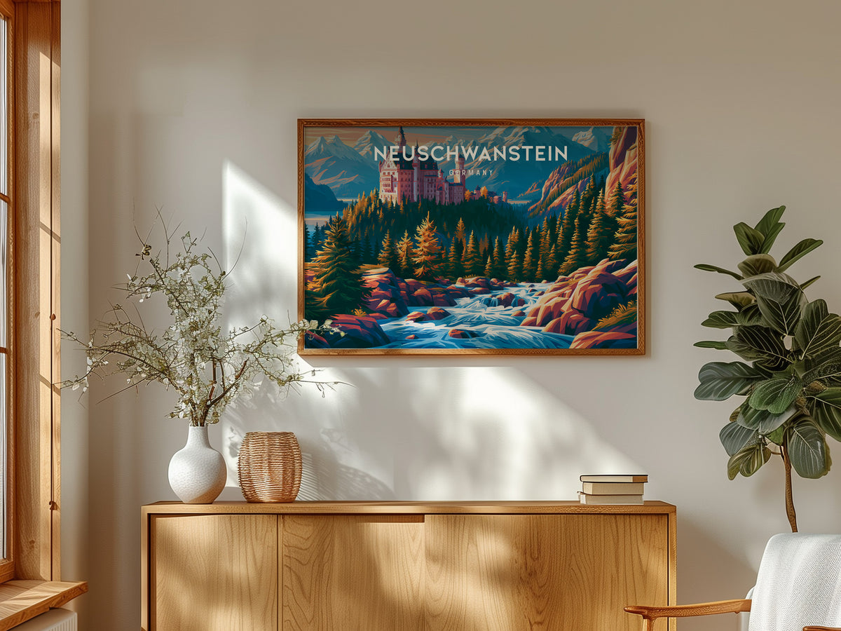 Neuschwanstein, Germany Landscape Poster | Alpine Castle Vacation Wall Art — framed and ready to hang