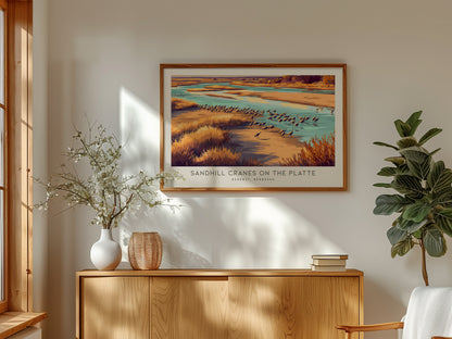 Sandhill Cranes on the Platte Landscape Matte Border Poster | Kearney, Nebraska Framed or Unframed Travel Gift — framed and r