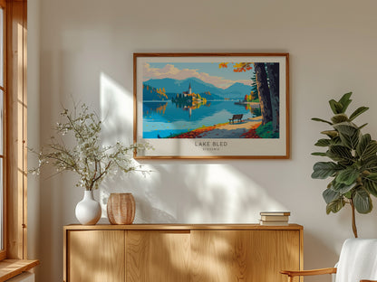 Lake Bled Landscape Matte Border Poster | Slovenia Framed or Unframed Travel Gift — framed and ready to hang