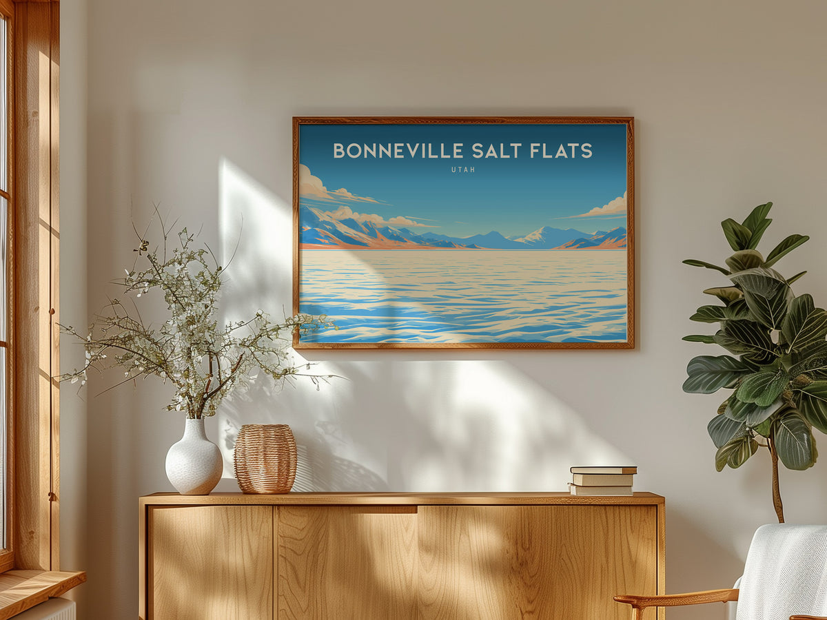 Bonneville Salt Flats Landscape Poster | Utah Endless White Expanse Travel Wall Art — framed and ready to hang