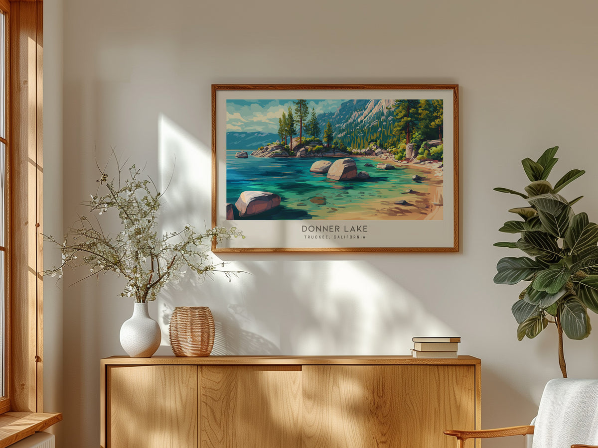 Donner Lake Landscape Matte Border Poster | Truckee, California Framed or Unframed Travel Gift — framed and ready to hang
