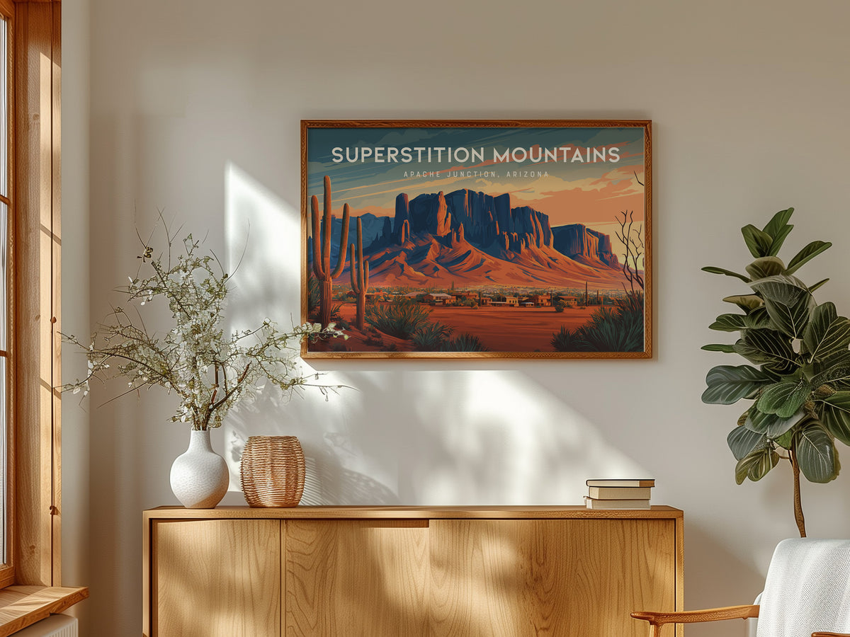 Superstition Mountains Landscape Poster | Apache Junction, Arizona Vacation Wall Art — framed and ready to hang
