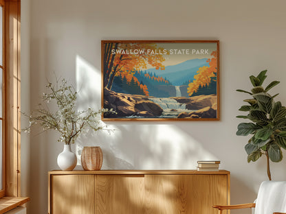 Swallow Falls State Park, Maryland Landscape Poster | Woodland Waterfall Vacation Wall Art — framed and ready to hang