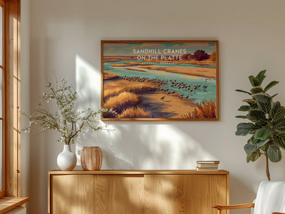 Sandhill Cranes on the Platte Landscape Poster | Kearney, Nebraska Vacation Wall Art — framed and ready to hang