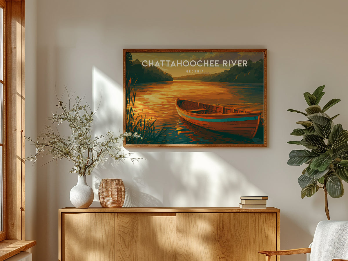 Chattahoochee River Landscape Poster | Georgia Travel Gift Coastal Beach Decor Wall Art — framed and ready to hang