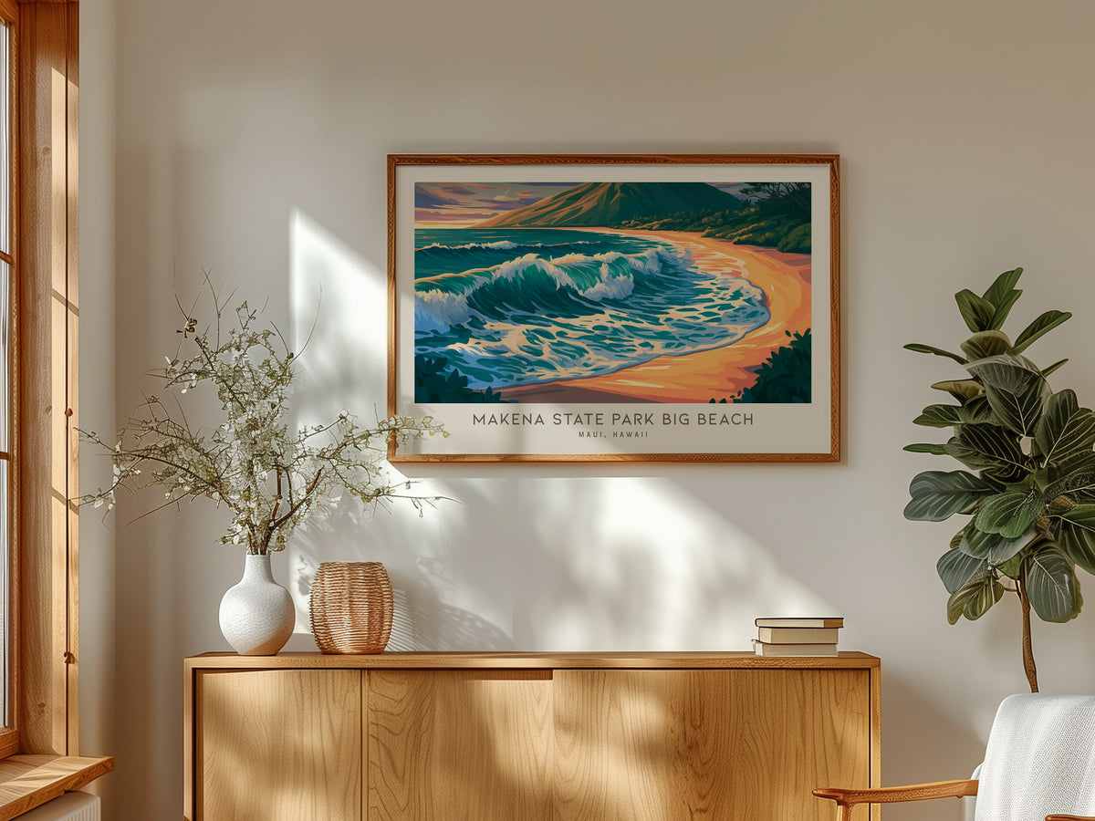 Makena State Park Big Beach Landscape Matte Border Poster | Maui, Hawaii Coastal Beach Decor — framed and ready to hang