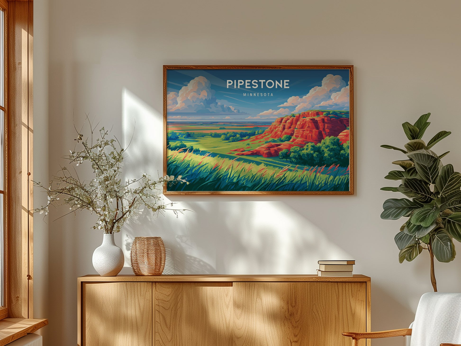 Pipestone, Minnesota Landscape Poster | Red Stone Bluffs Destination Print Wall Art — framed and ready to hang
