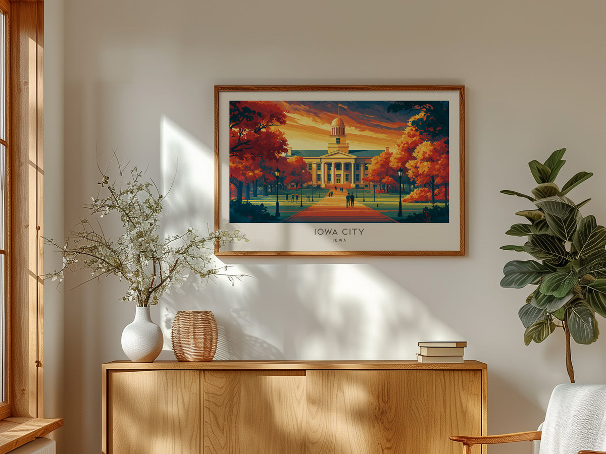 Iowa City Landscape Matte Border Poster | Iowa Framed or Unframed Travel Gift — framed and ready to hang