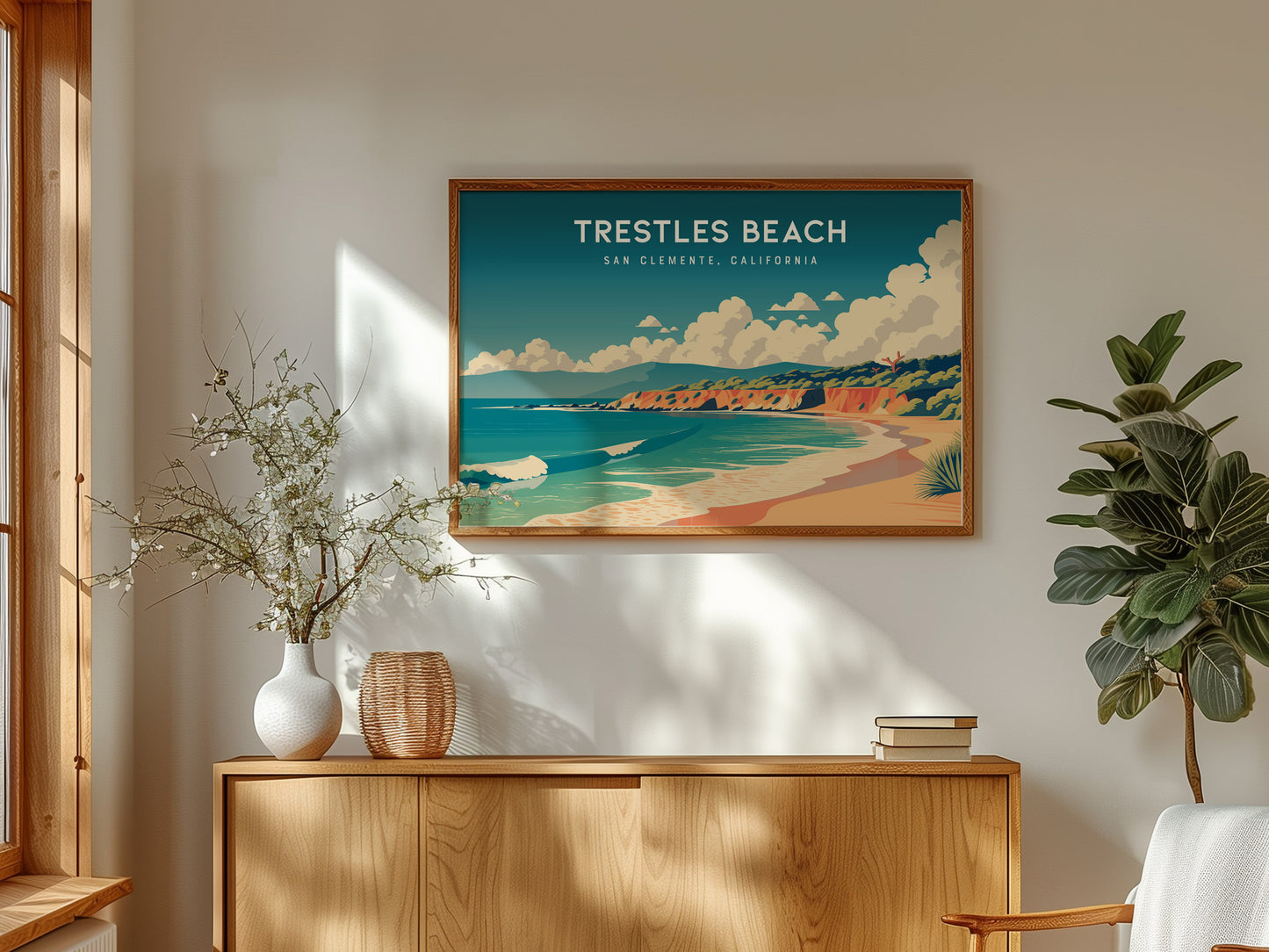 Trestles Beach Landscape, San Clemente, California Poster | Coastal Beach Decor Travel Gift Wall Art — framed and ready to ha