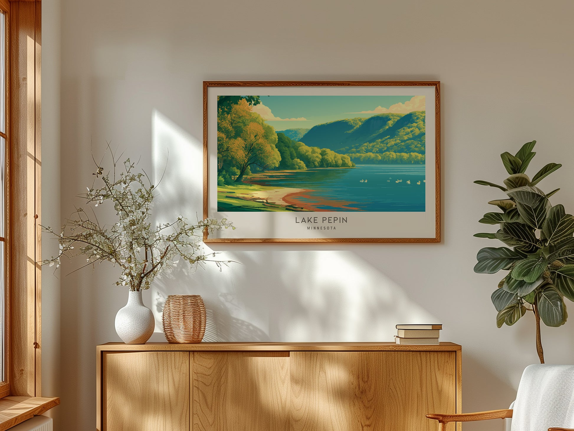 Lake Pepin Landscape Matte Border Poster | Minnesota Travel Gift Beach House Decor — framed and ready to hang