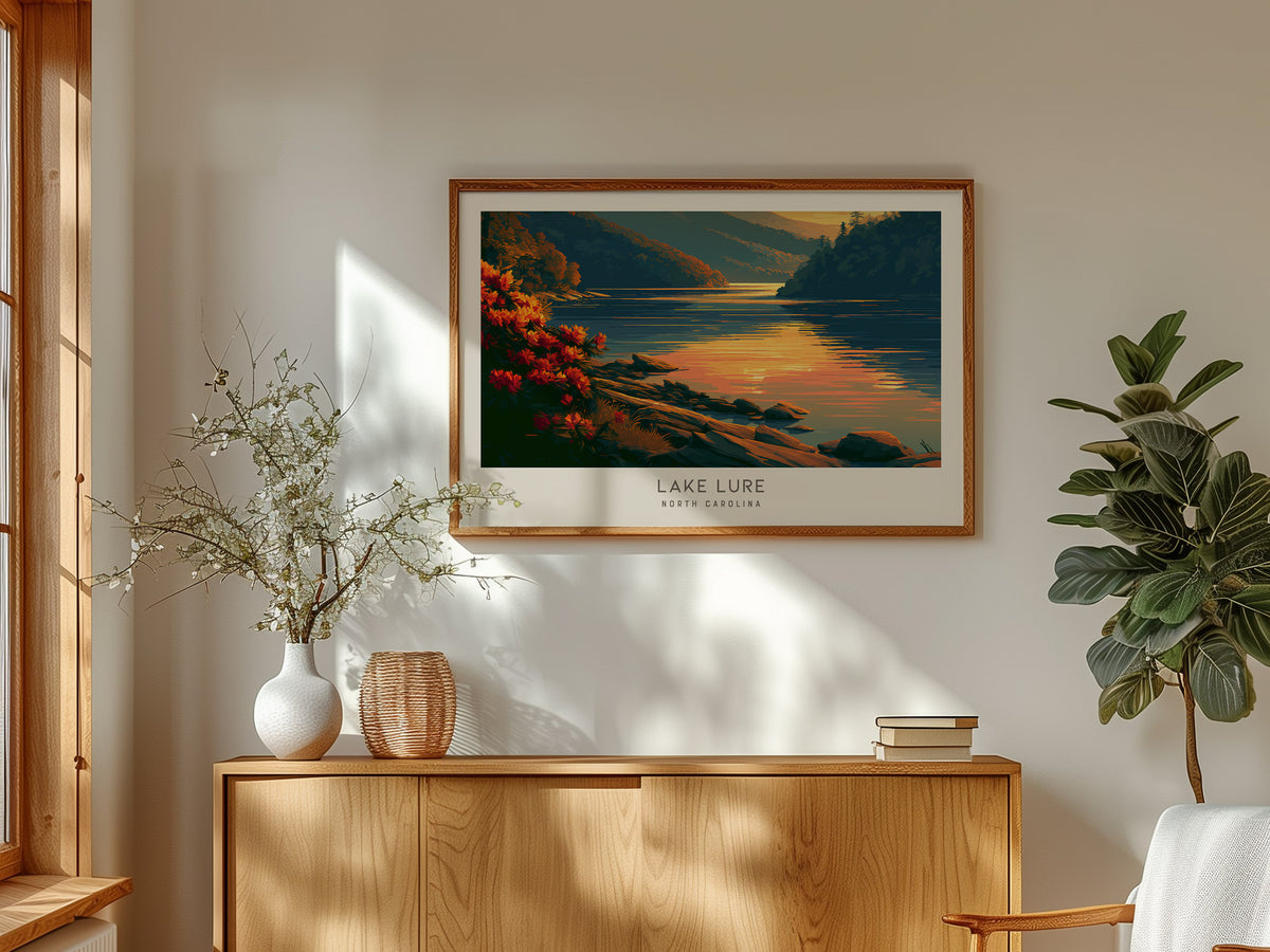 Lake Lure Landscape Matte Border Poster | North Carolina Travel Wall Art — framed and ready to hang