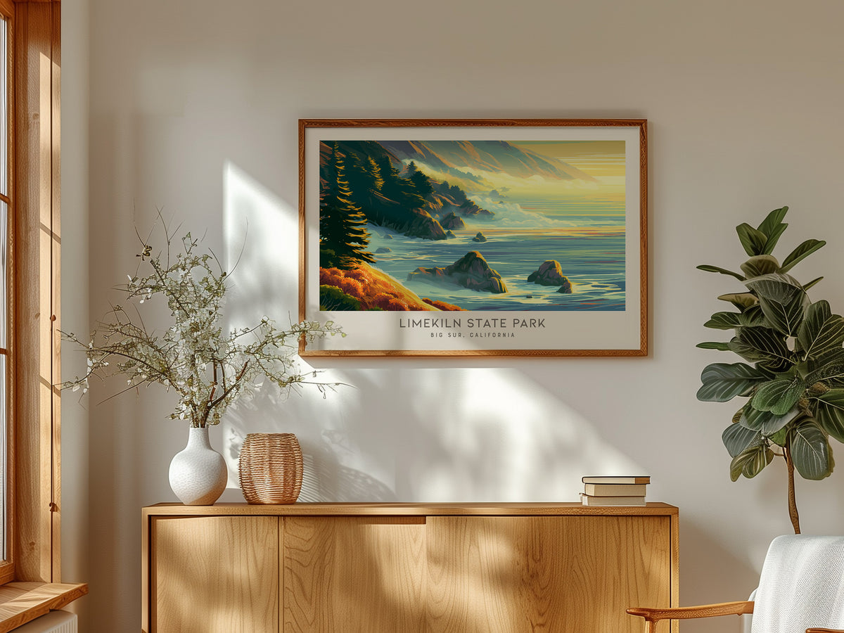 Limekiln State Park Landscape Matte Border Poster | Big Sur, California Coastal Beach Decor — framed and ready to hang