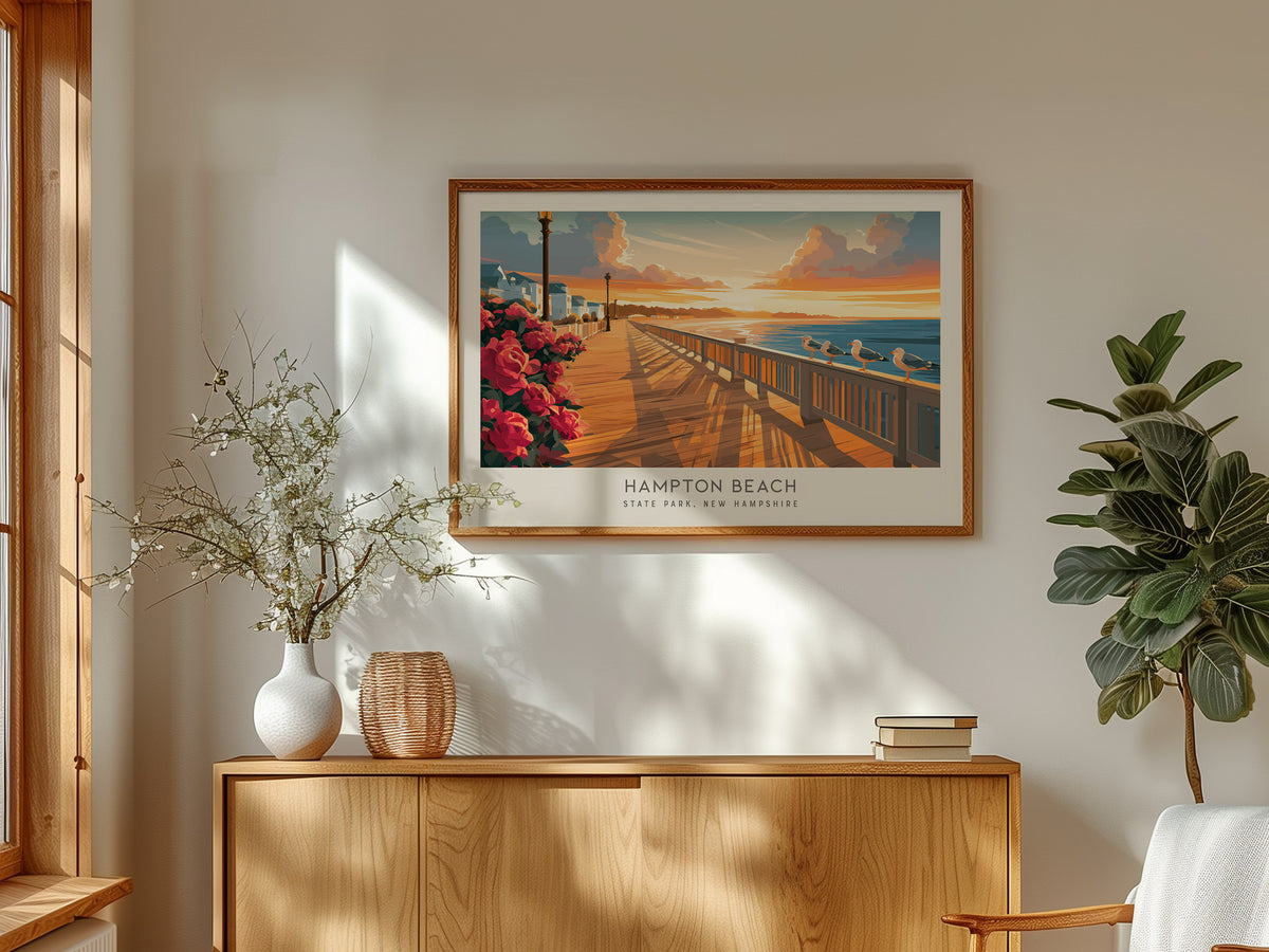 Hampton Beach Landscape Matte Border Poster | State Park, New Hampshire Travel Wall Art — framed and ready to hang