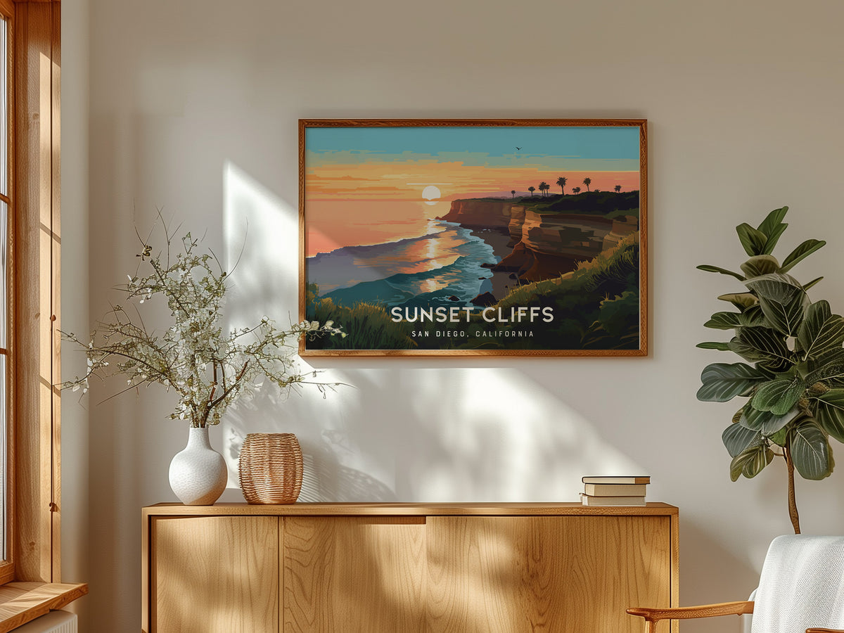 Sunset Cliffs, San Diego, California Landscape Poster | Coastal Beach Decor Wall Art — framed and ready to hang