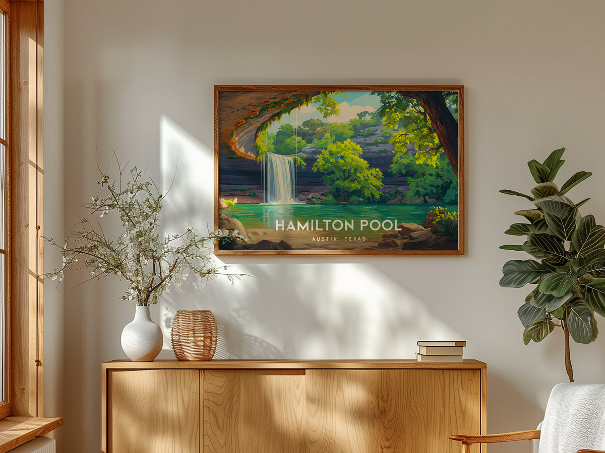 Hamilton Pool Landscape Poster | Austin, Texas Framed or Unframed Beach House Decor Wall Art — framed and ready to hang