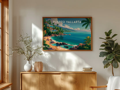 Puerto Vallarta, Mexico Landscape Poster | Beach House Decor Vacation Wall Art — framed and ready to hang