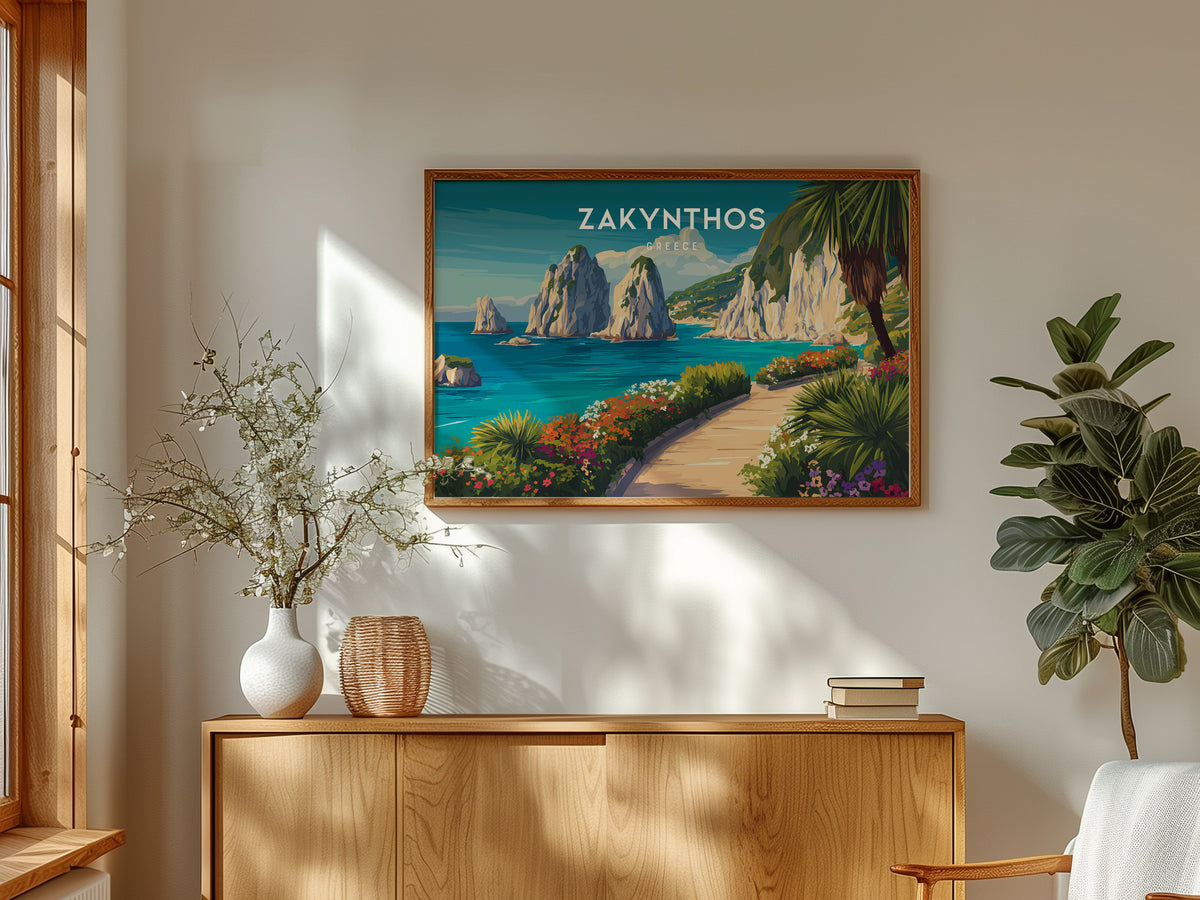 Zakynthos, Greece Landscape Poster | Navagio Beach Travel Gift Wall Art — framed and ready to hang