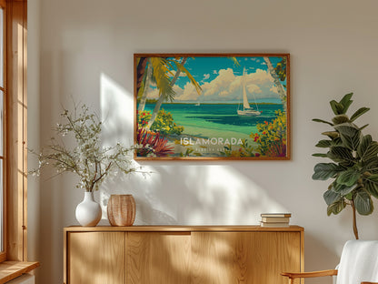 Islamorada, Florida Keys Poster | Landscape Coastal Decor Tiki & Palms Wall Art — framed and ready to hang