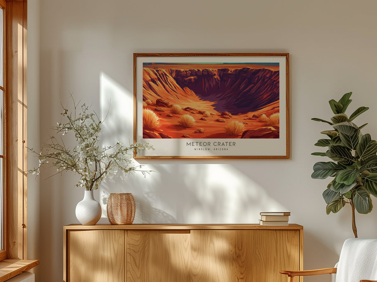 Meteor Crater Landscape Matte Border Poster | Winslow, Arizona Travel Gift — framed and ready to hang