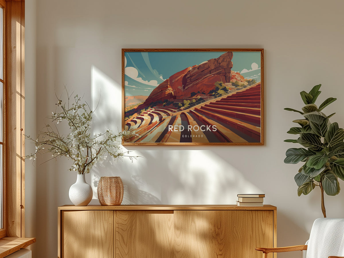 Red Rocks Amphitheatre Landscape, Colorado Poster | Iconic Mountain Venue Destination Print Wall Art — framed and ready to ha