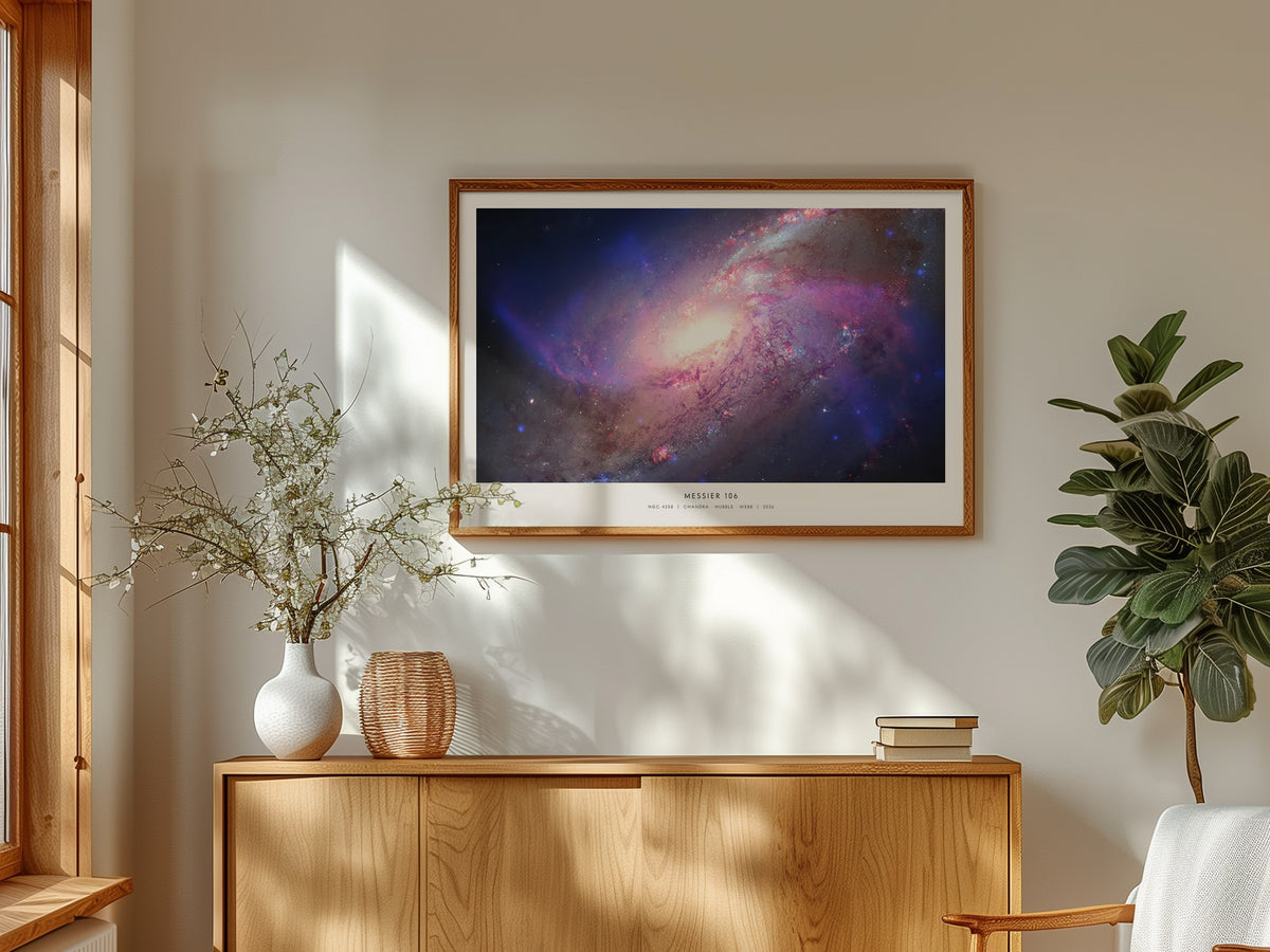 Messier 106 Landscape Poster | NGC 4258 Galaxy Wall Art NASA Space Photography — framed and ready to hang