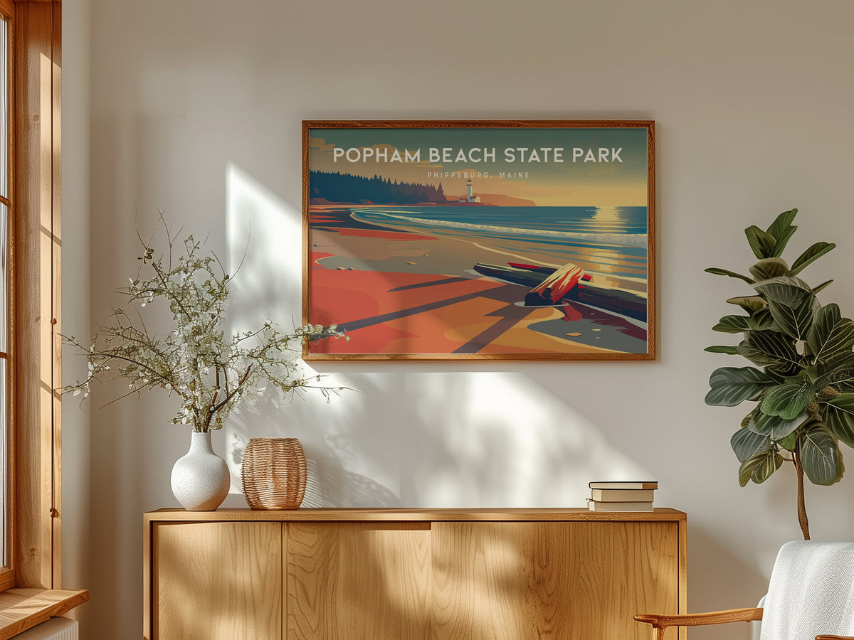 Popham Beach State Park Landscape Poster | Phippsburg, Maine Travel Wall Art — framed and ready to hang